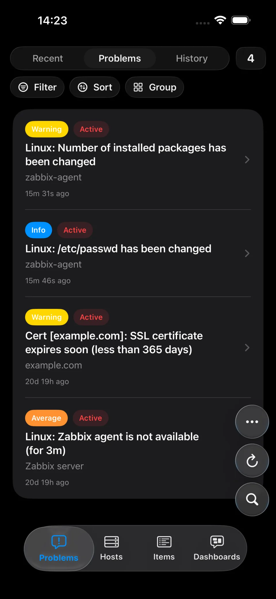 TriggerDeck app shell with native tab bar, floating quick actions, and glass toolbar controls