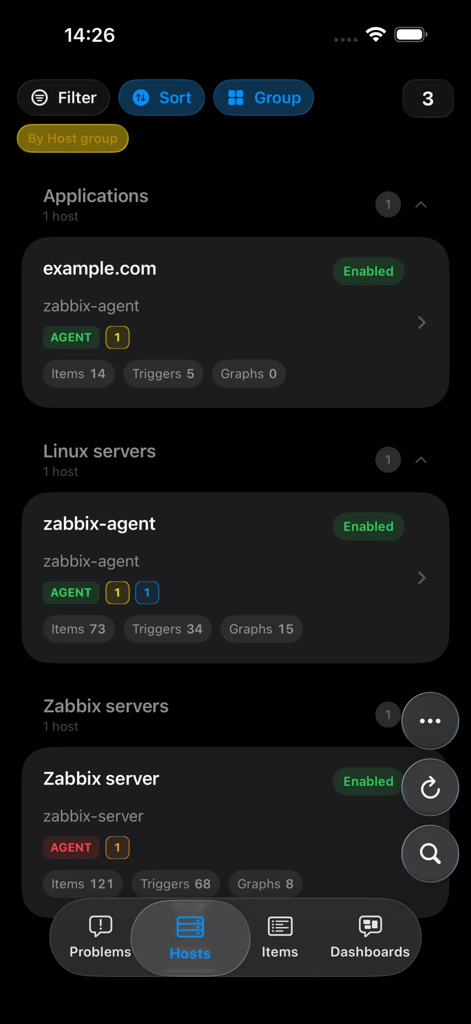 TriggerDeck Hosts screen with list rows and organization controls
