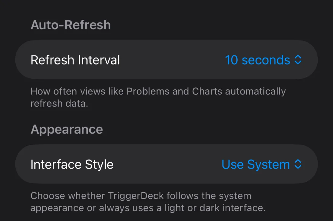 TriggerDeck Settings screen showing auto-refresh and interface style controls