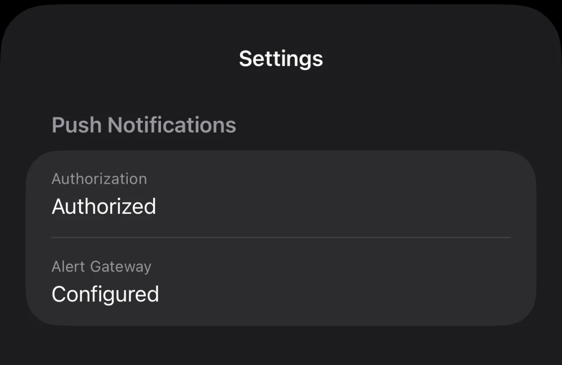 TriggerDeck Settings screen showing push authorization and gateway status