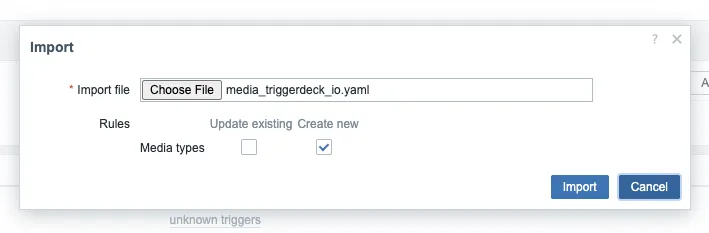 Zabbix web interface importing the TriggerDeck media type