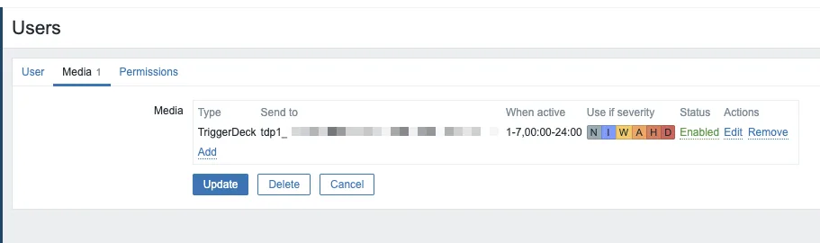Zabbix user media configuration using the TriggerDeck UNIQUE_UID