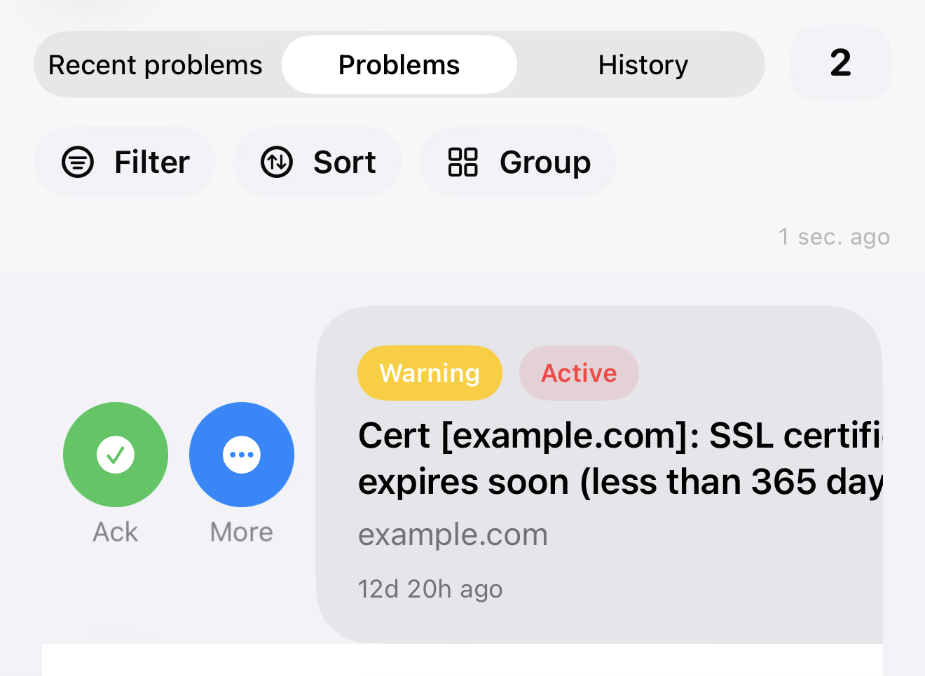 TriggerDeck v0.6.2 problems overview showing filters, sort, grouping, and inline actions