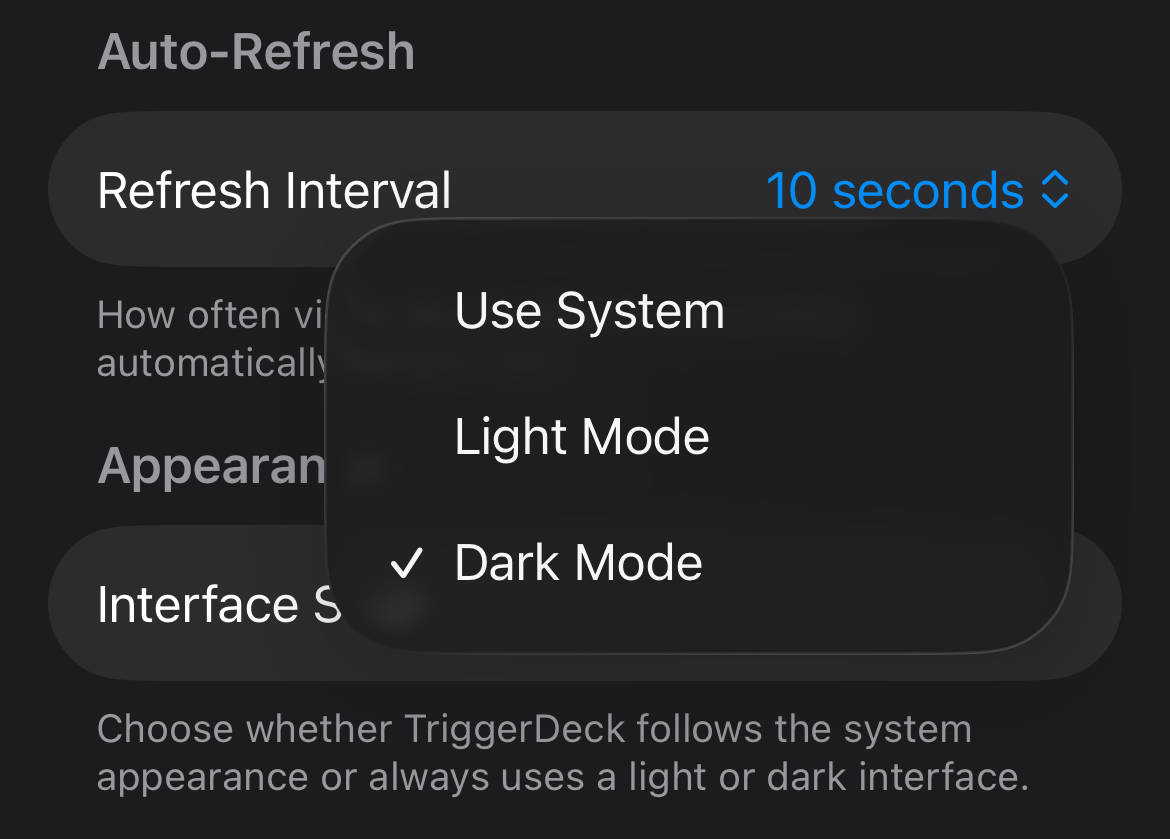 TriggerDeck Settings screen showing the Interface Style control and app-wide appearance switching