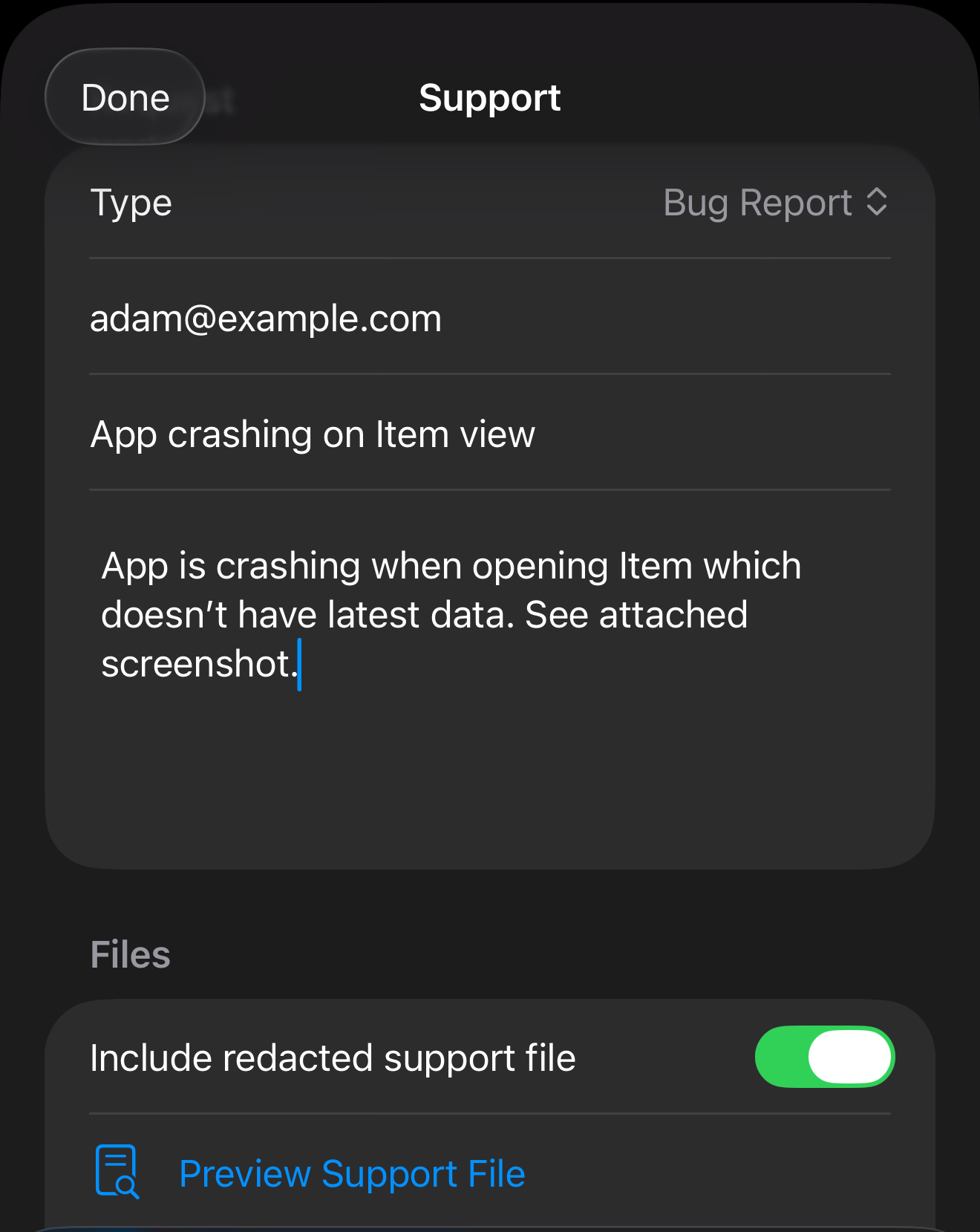 TriggerDeck Support form for creating a bug report with redacted diagnostics